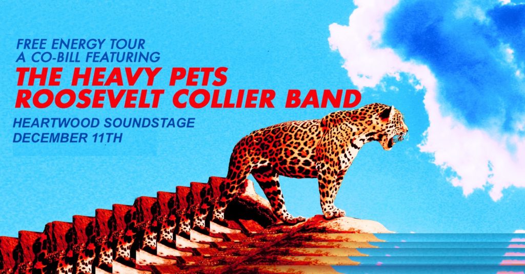 Abstract image of a Leopard and clouds. Free Energy Tour, The Heavy Pets, Roosevelt Collier Band
