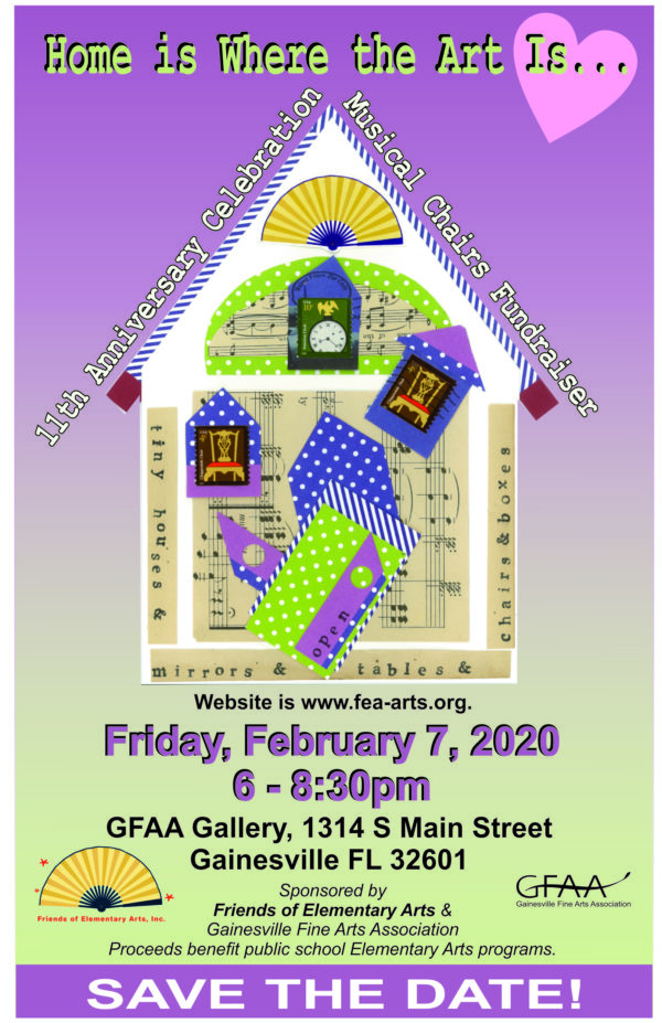 Collage of music notes and patterns in the shape of a house. 11th Anniversary Celebration Musical Chairs Fundraiser. Home is where the art is