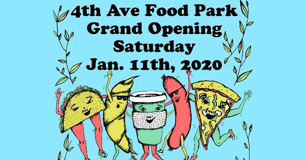 Illustration of various food items dancing. 4th Ave Food Park Grand Opening Saturday Jan 11 2020
