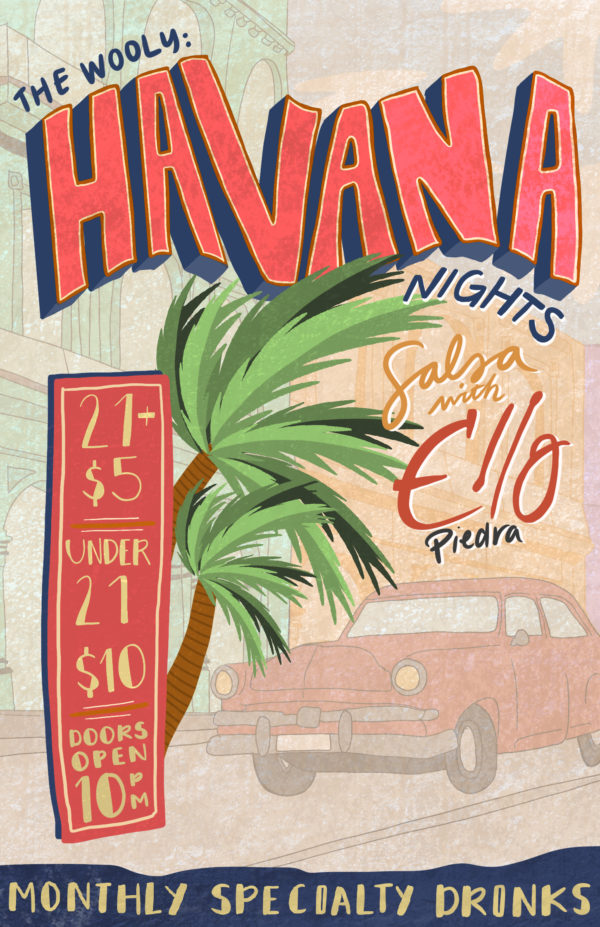 Havana Nights. Illustration of palm trees and classic Cuban car