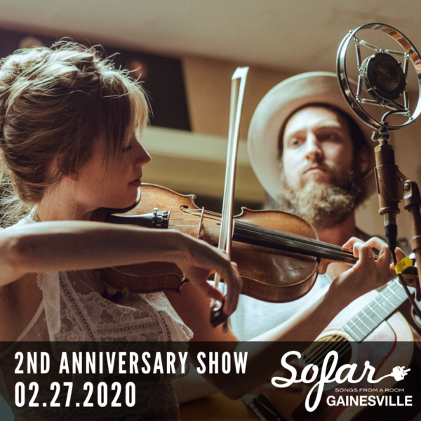 Musicians with fiddle and guitar in front of microphone. 2nd anniversary show Sofar Gainesville
