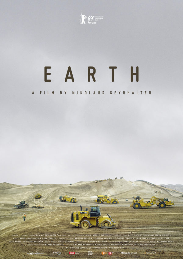 Movie poster for EARTH a film by nikolaus geyrhalter. Image of heavy equipment assembled.