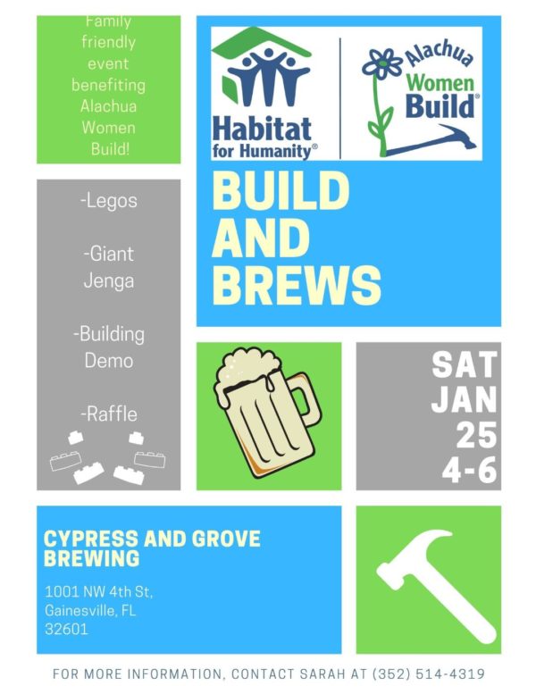 Illustration of beer and hammer. Flyer for Build and Brews Jan. 25 4pm-6pm at 1001 NW 4th St. Gainesville