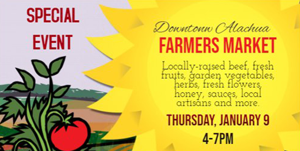 Illustration of tomatoes, farm land and the sun. Special Event. Downtown Alachua Farmers Market.