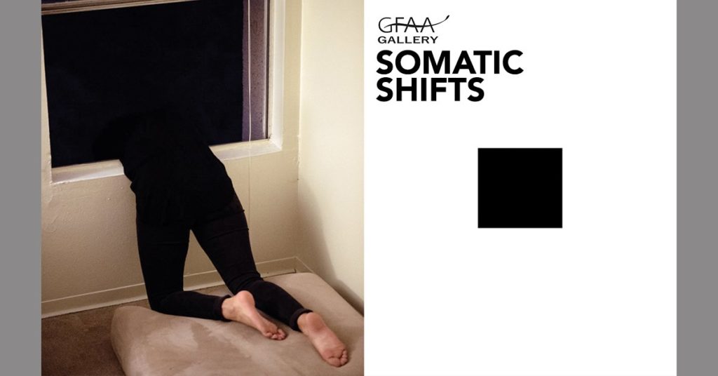 Image of someone leaning into a window. GFAA Gallery Somatic Shifts