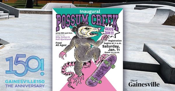 Illustration of an opossum on a skateboard. Inaugural Possum Creek Skate Jam. Free for all ages