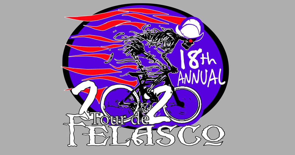 Illustration of skeleton racing on a mountain bike. 18th annual Tour de Felasco 2020