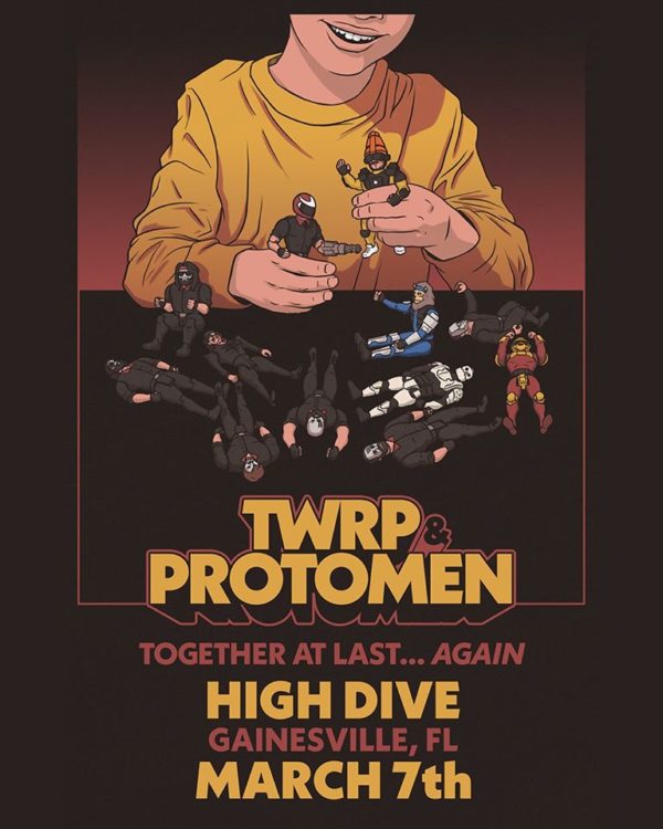 Illustration of kid playing with action figures that look like the band members.