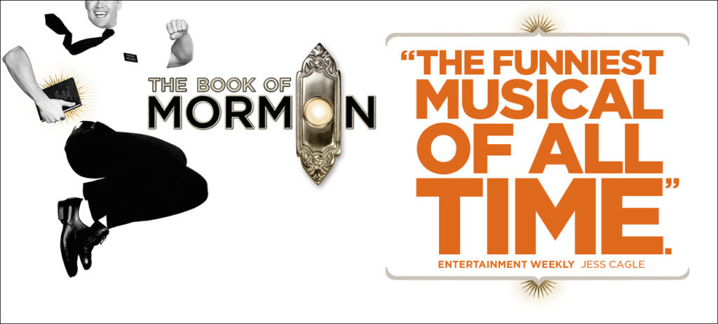 Missionary jumping in the air next to image of a doorbell. The Book of Mormon