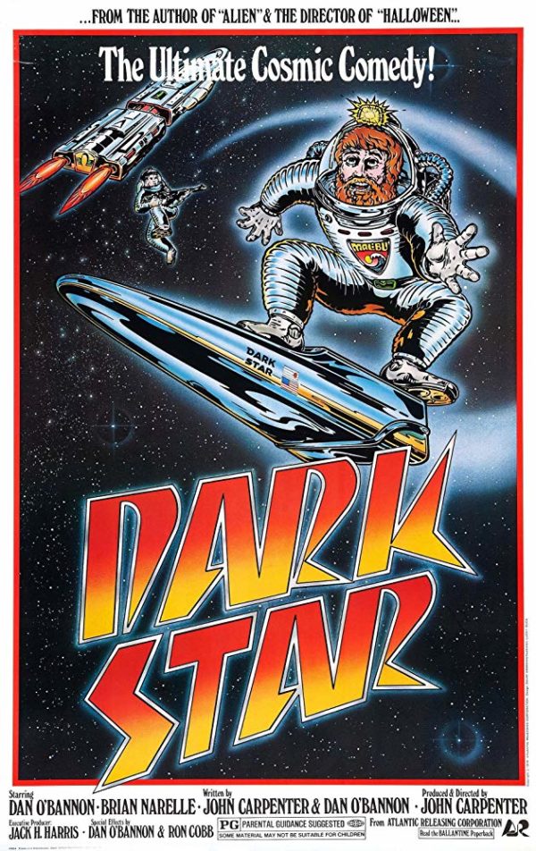 Illustration of someone surfing through space. Movie poster for Dark Star.