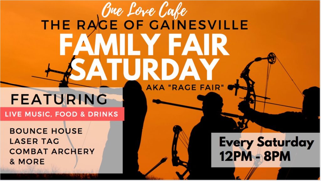 Family Fair Saturday at One Love Cafe. Illustration of archers aiming arrows with compound bows