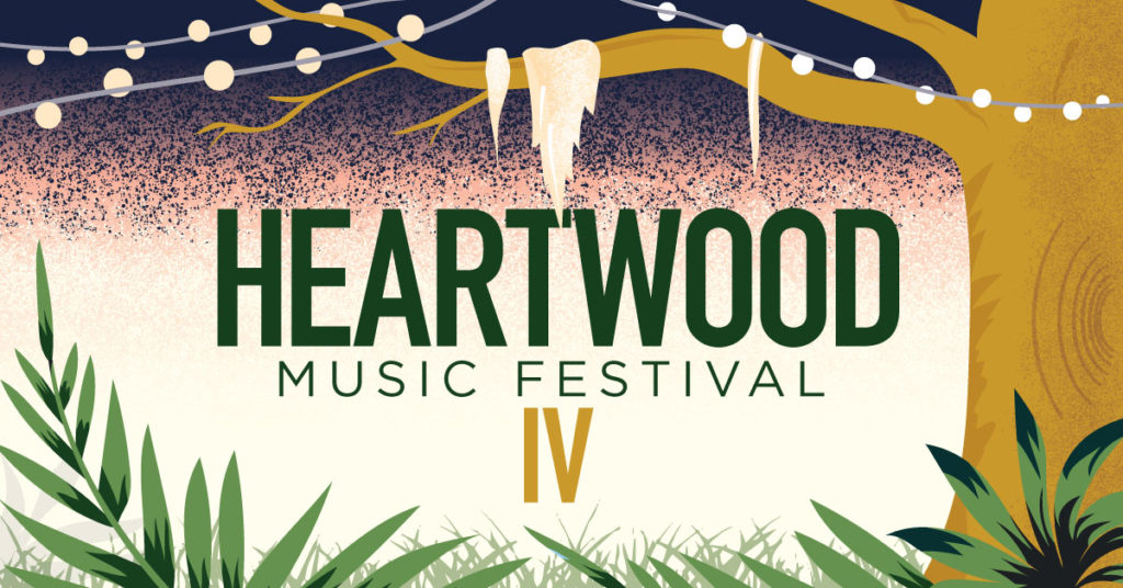Illustration of string lights in tree branches. Heartwood Music Festival IV