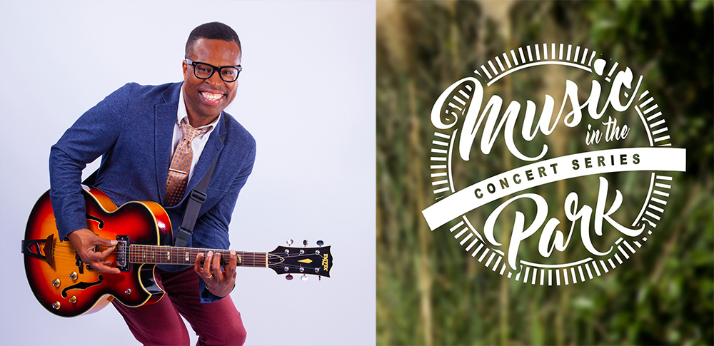 Billy Buchanan with guitar. High Springs Music in the Park Concert Series logo