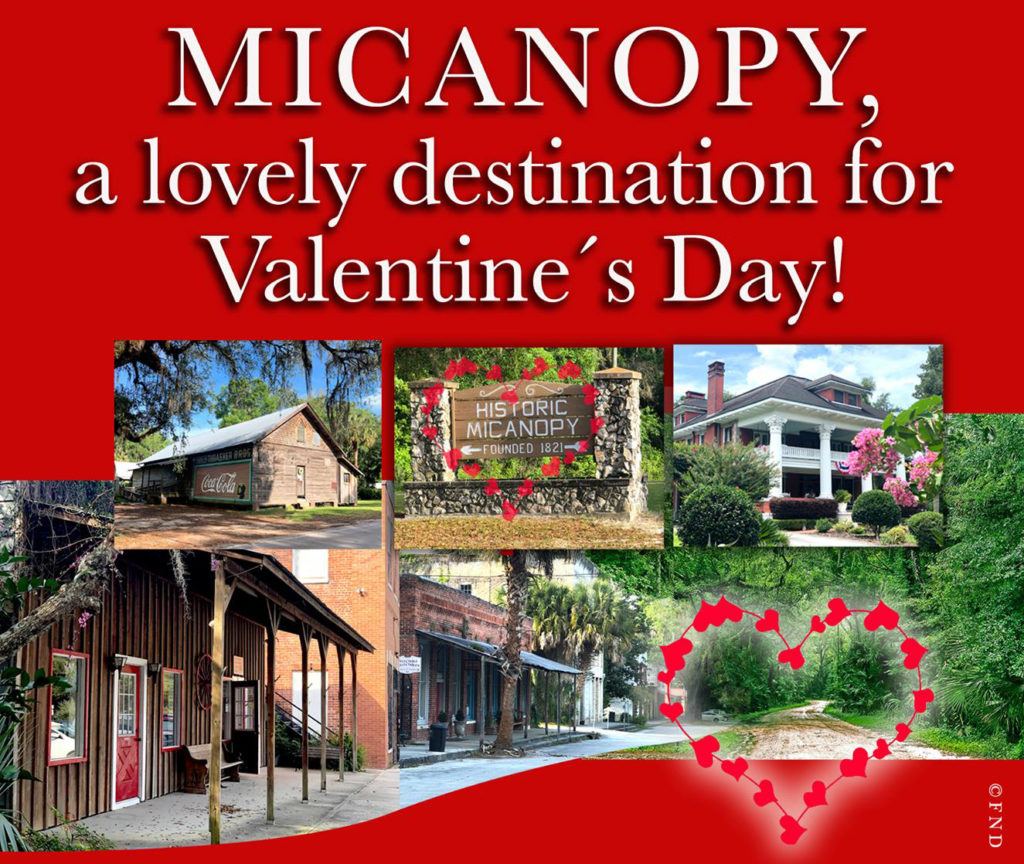 Storefronts, museum and the Herlong Mansion in historic Micanopy with hearts. Micanopy a lovely destination for Valentine's Day!