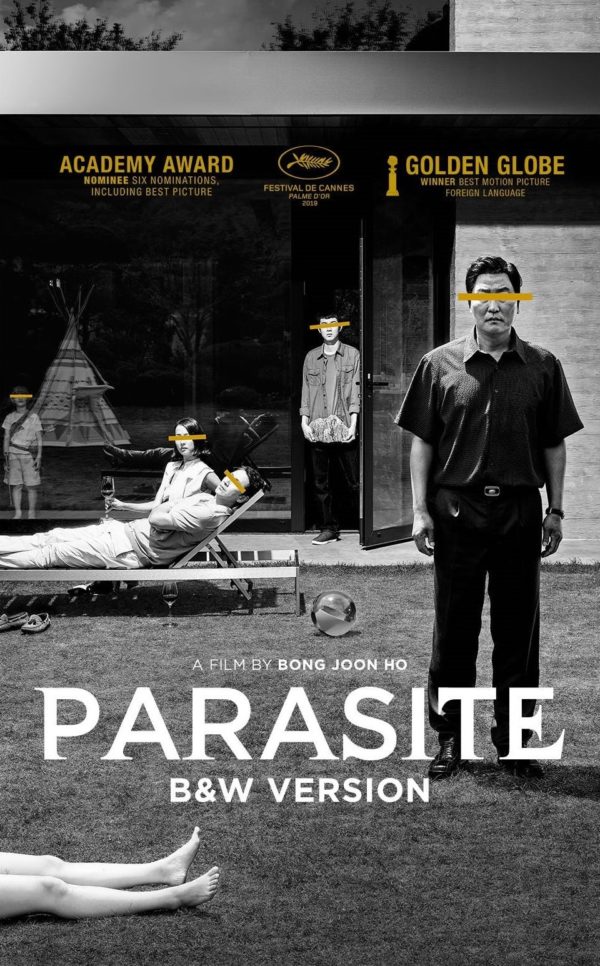 Movie poster for Parasite, in black and white