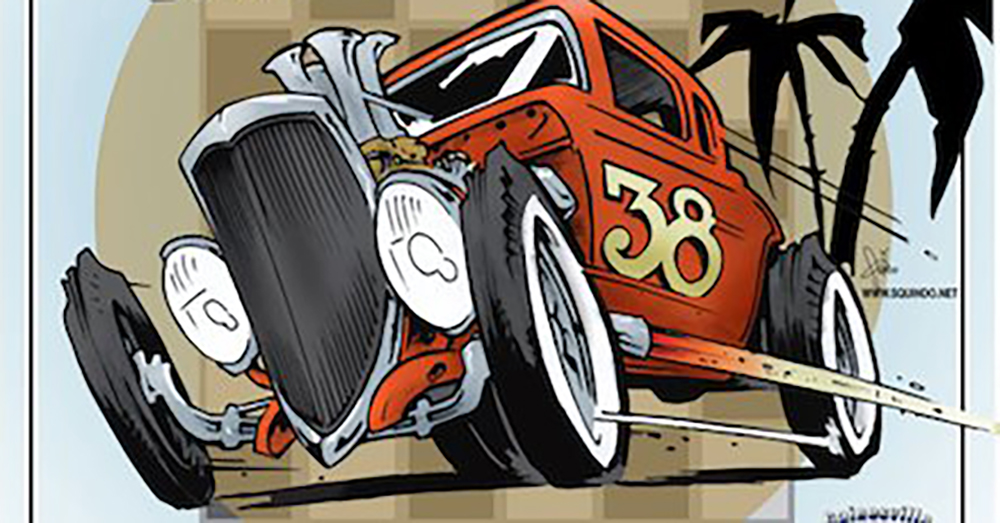 Illustration of hot rod car and palm trees