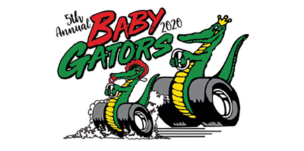 Illustration of alligators racing with racing tires for legs. 5th annual Baby Gators 2020