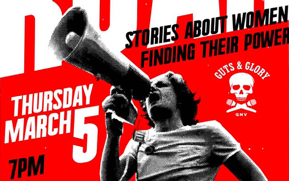 Photo of woman yellling into a bullhorn. ROAR stories about women finding their power. Thursday March 5