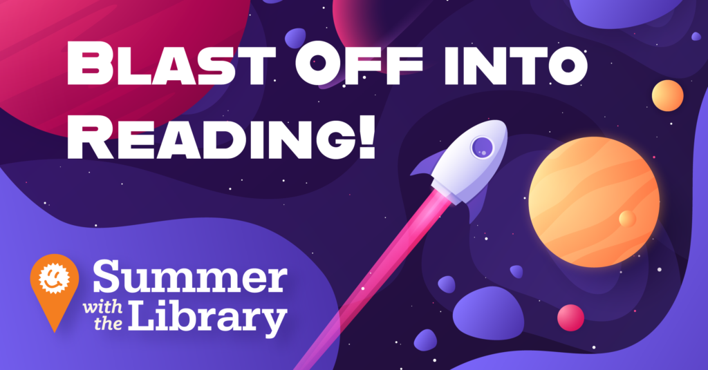 space ship flying through space and planets. Blast off into reading