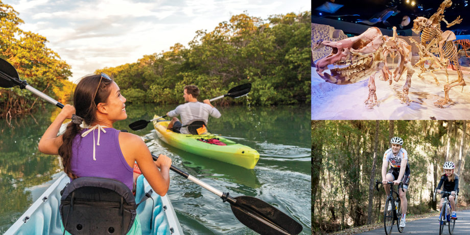 collage of kayaker, biker and fossils