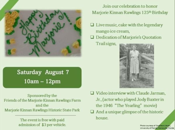 Flyer with information on the MK Rawlings Birthday event. Includes a photo of the author and a decorated cake