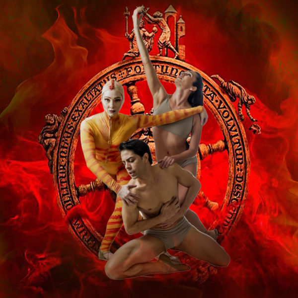 dancers performing in costume in front of a red background