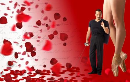 dancer with background of red hearts