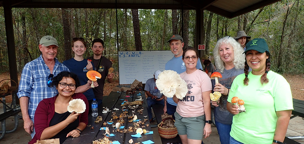 smiling people holding mushrooms