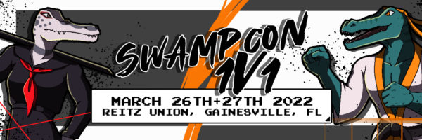 A banner that reads "SwampCon: 1v1. March 26th-27th, 2022. Reitz Union, Gainesville, FL". There are two alligators on the banner. One is wearing a martial arts uniform. One is wearing a schoolgirl uniform and holding a kendo sword.