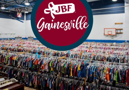 JBF Gainesville logo with racks of clothes for sale
