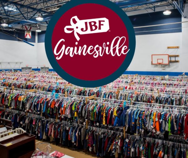 JBF Gainesville logo with racks of clothes for sale