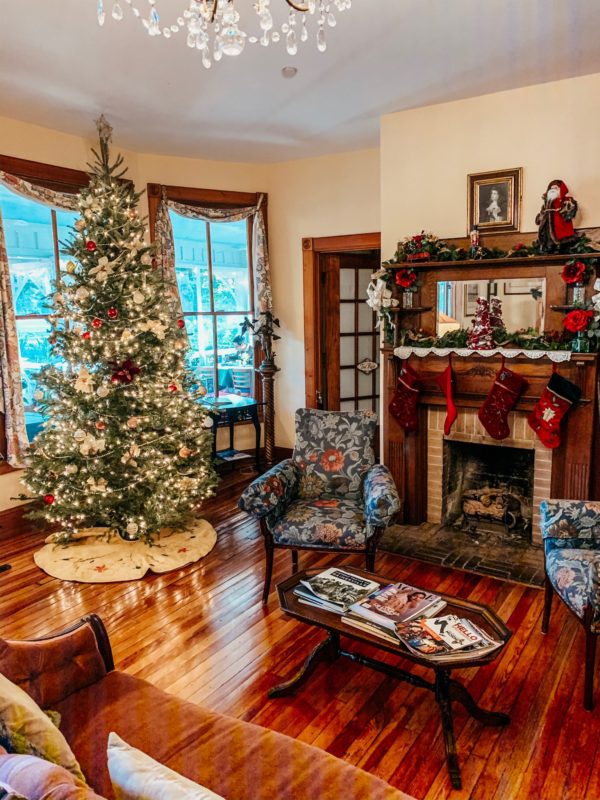 historic home decorated for holidays