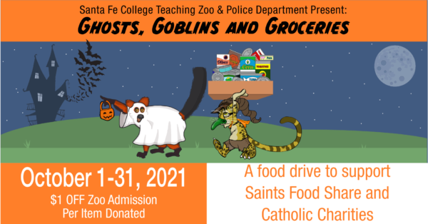 Ghosts Goblins and Groceries Food drive, october 1-31, 2021, lemur dressed as ghost, ocelot as goblin