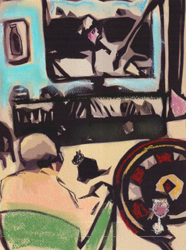 artwork of old man watching television