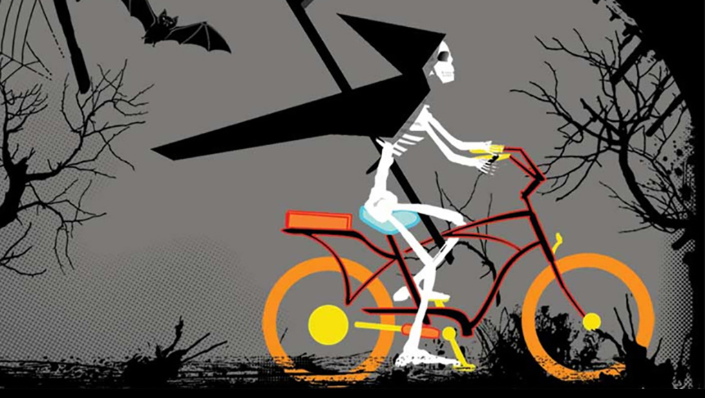 illustration of skeleton riding a bike