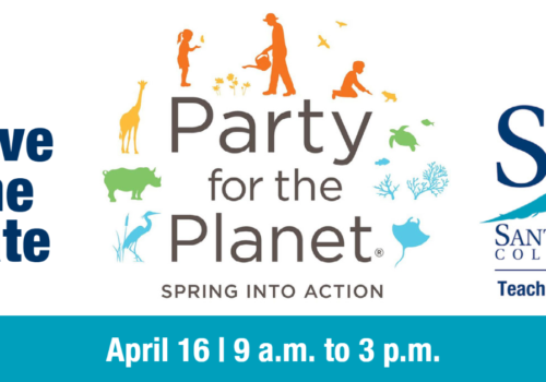 "Save the date. April 16 9 a.m. - 3 p.m. Party for the Planet - Spring into action" with people and animal silhouettes