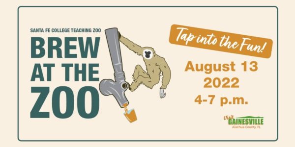 Brew at the Zoo, August 13, 2022 4-7 p.m. Image of Gibbon hanging onto a beer tap. "Tap into the fun!"