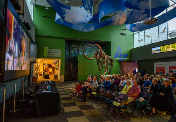 people sitting in gallery looking at screen