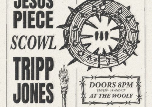 Off-white background with dark grey text reading: "Show me the body ... 02/16/23." On the right-hand side of the image, text reads: "Jesus Piece, Scowl, Tripp Jones, Zulu" with an illustration of a torch on the bottom middle of the image. On the lefthand side, there is an image of a circular wheel with spikes with text under in a barbed wire box reading: "Doors 8pm $24/$28 - 18 and up at The Wooly" Underneath, There are 2 circular logos reading "FEST" and "Respite Events". Text at the bottom left is: "tickets at thefestfl.limitedrun.com" On the very bottom middle of the image there is a long rectangle with spikes on it.