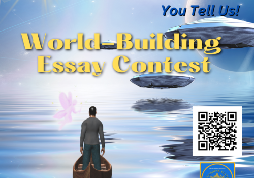 A man stares out at an alien horizon while a fairy whispers in his ear. The test says, "What's Out There? You Tell Us! World-Building Essay Contest." There is a QR code and the Sunshinge State Book Festival logo on the lower right side of the picture.
