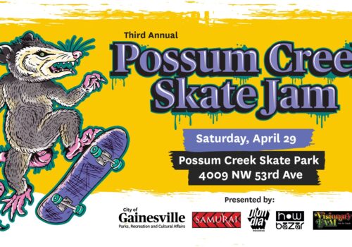 Cartoon of an opossum on a skateboard