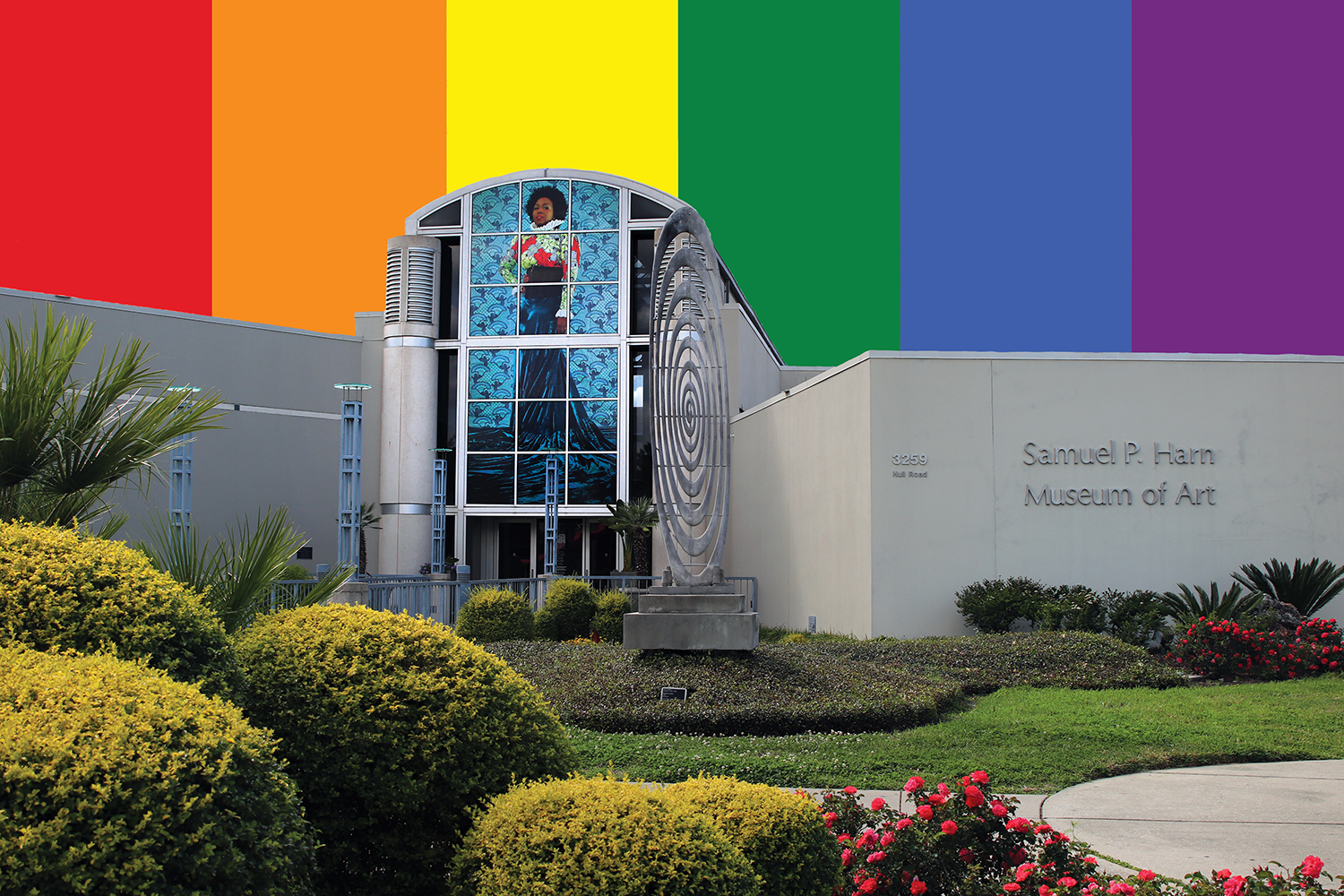 harn museum with rainbow colors in sky