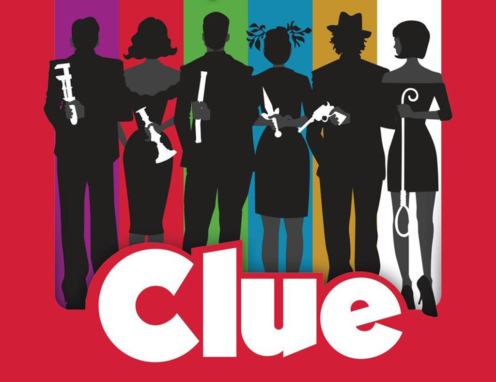 clue poster with illustrations of people and weapons