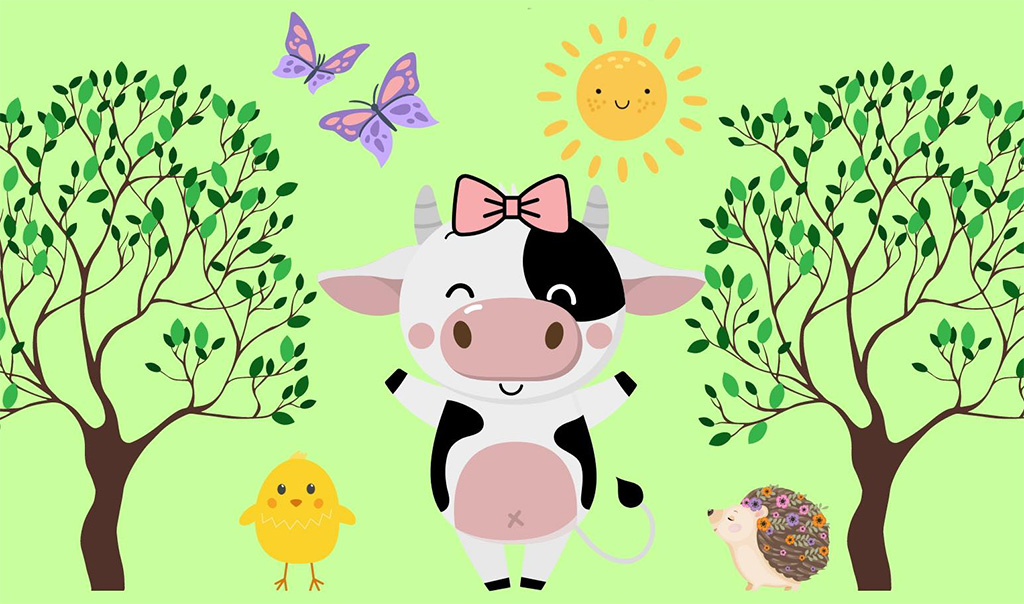 illustraiton of happy cow and trees and butterflies