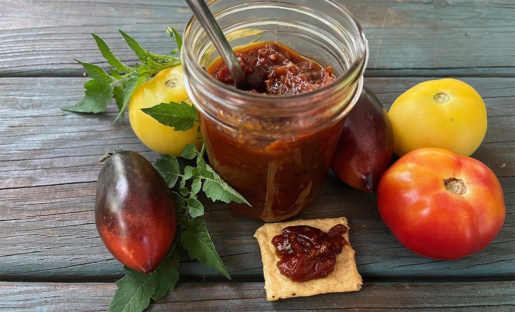 tomato varieties and jar of preserves