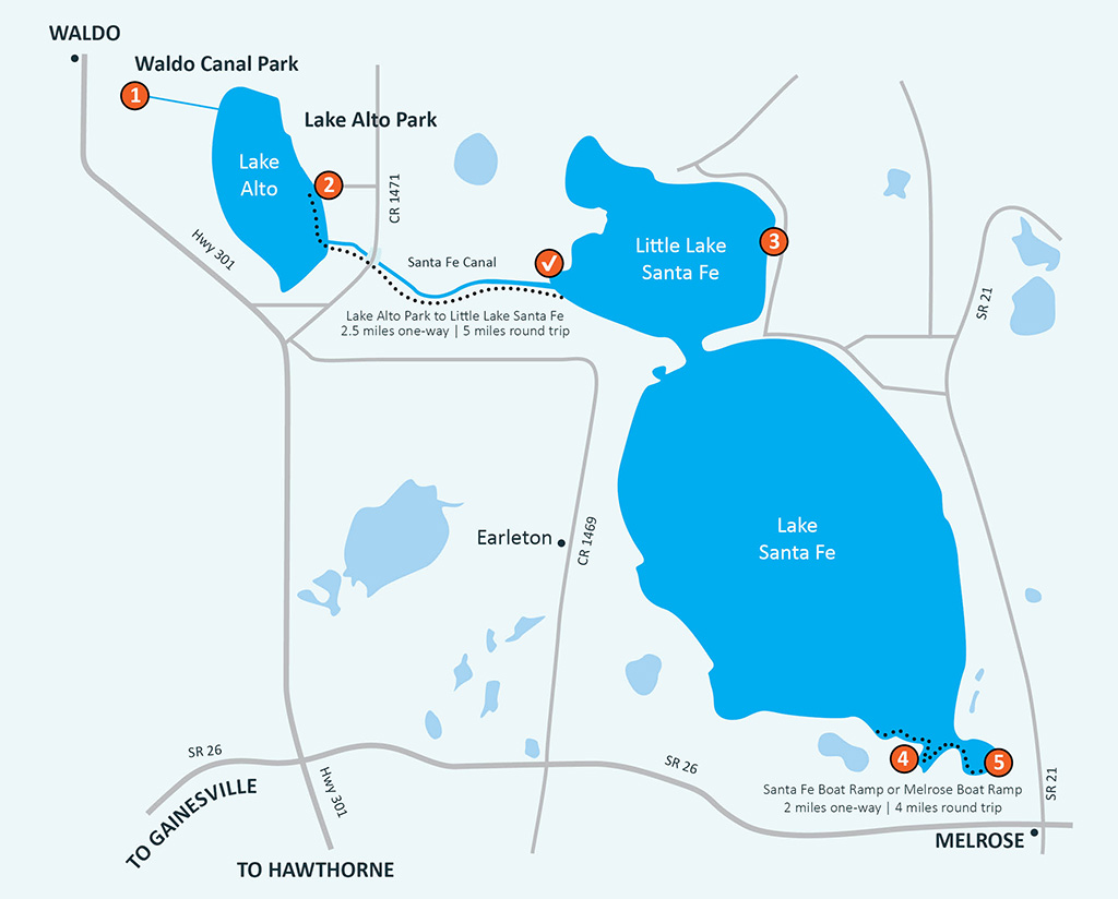 map of Lake Alto, Little Lake Santa Fe and Lake Santa Fe with locations of boat ramps and roads
