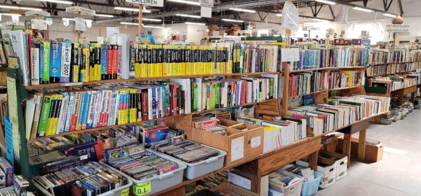 bins and shelves filled with books for sale