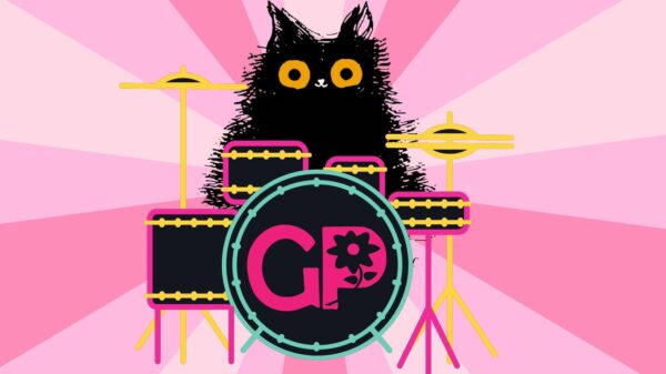 illustration of blackadder mascot playing drums