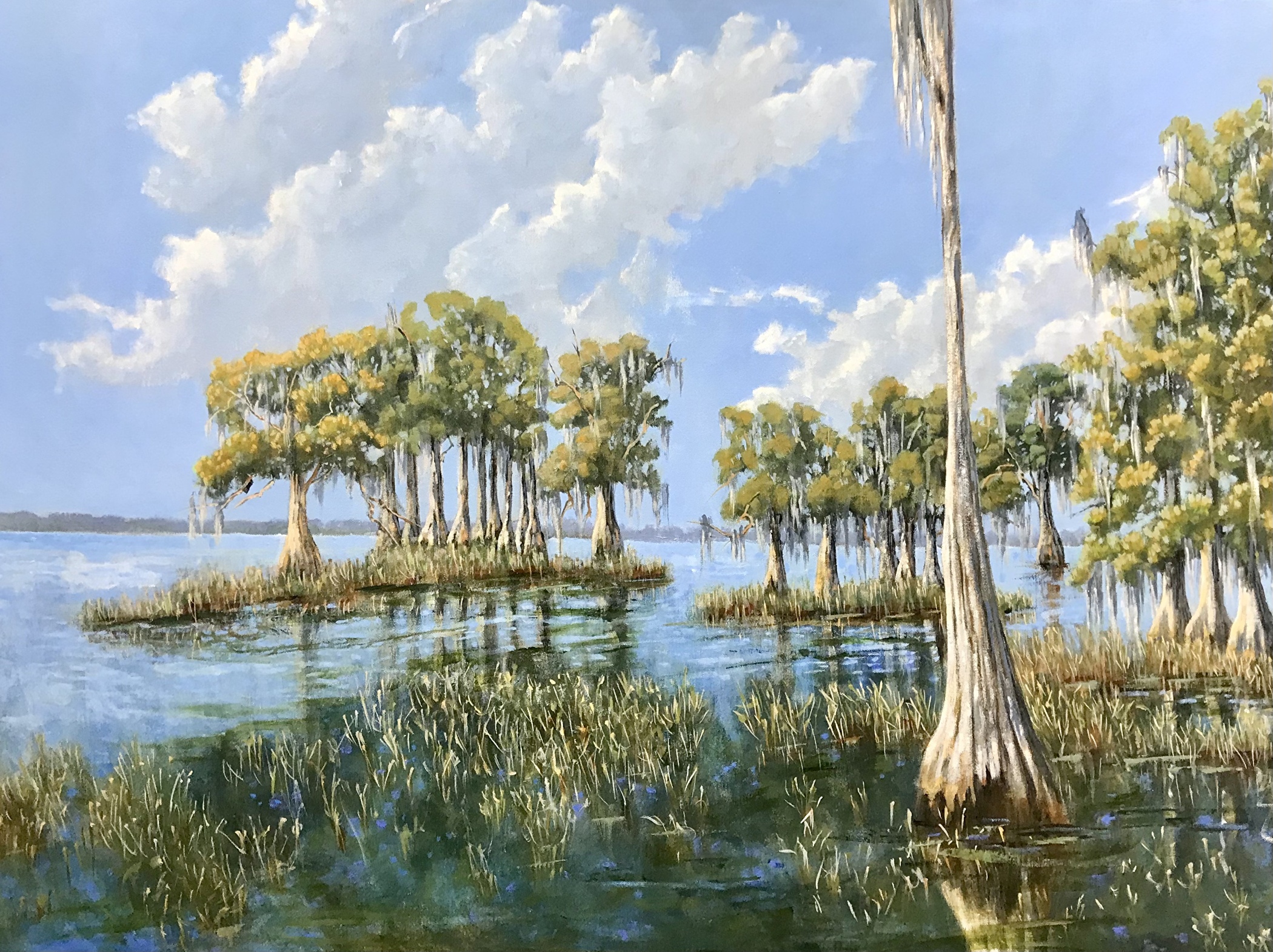 painting of cypress trees by the water