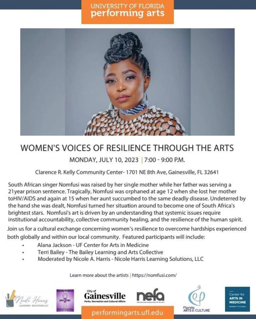 Flyer for women's voices of resilience through the arts with musician Nomfusi